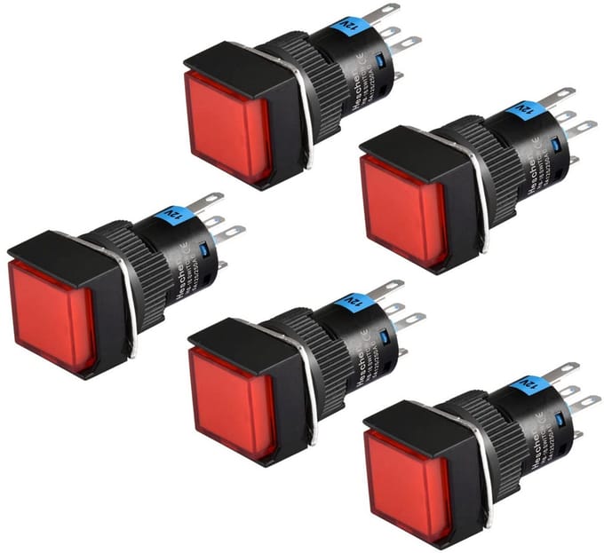 5 stuks 16mm Drukknopschakelaar Kortstondig 1NO 1NC met Rode LED 12V