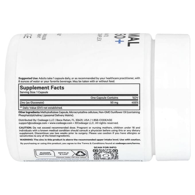 Codeage, mineraal, liposomale zink 50, 50 mg, 100 capsules