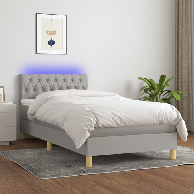 vidaXL - Boxspring - met - matras - en - LED - stof - lichtgrijs - 90x190 - cm