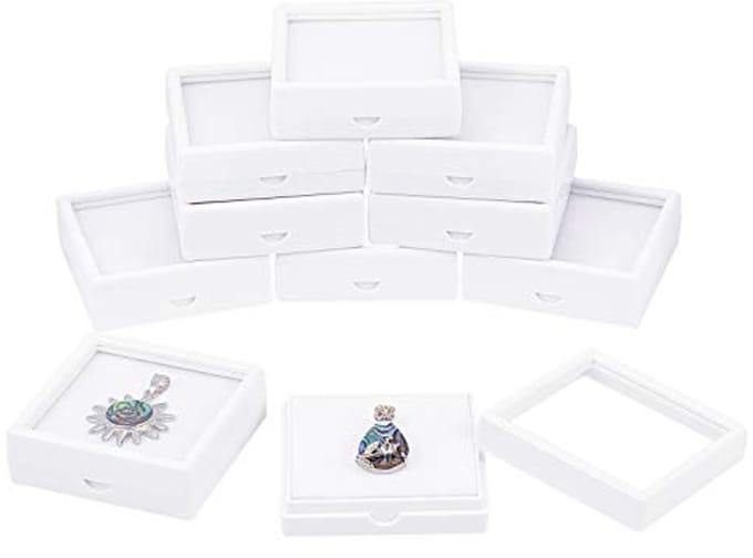 10 Stuks Witte Acryl Sieradenboxen met Transparante Deksel en Spons - Vierkant 6x6x2cm