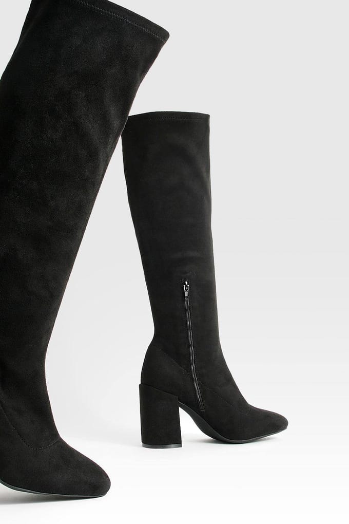 boohoo Dames Wide Fit Stretch Kniehoge Laarzen | Black | Maat: 3