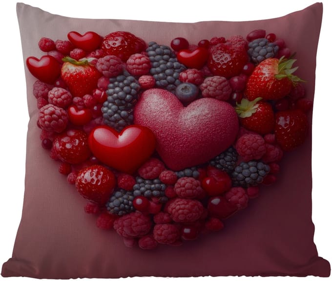 Sierkussen Buiten - Fruit - Hartjes - Aardbeien - Frambozen - Bosbessen - 60x60 cm - Weerbestendig