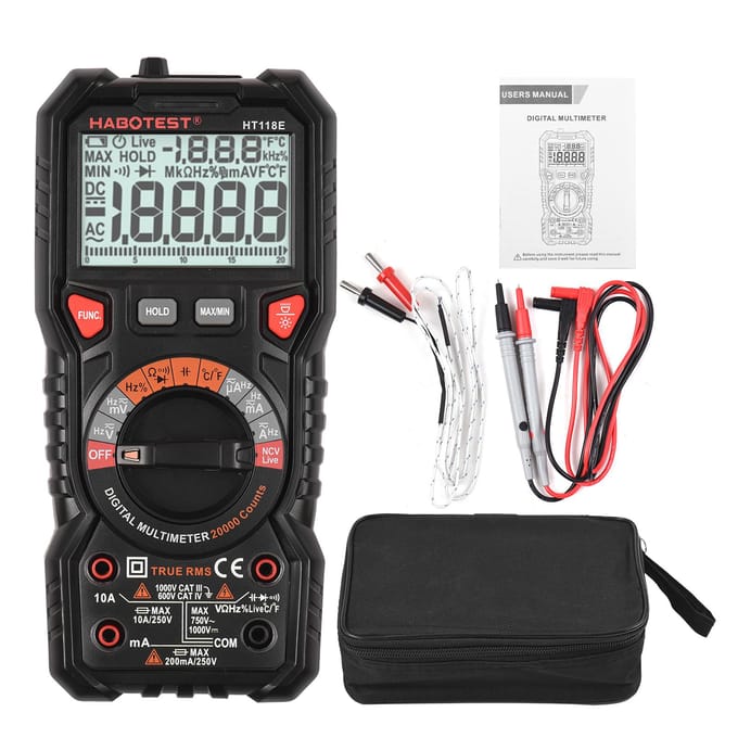 HABOTEST HT118E Digitale multimeter Auto Range Multimeter 20.000 tellingen True RMS Meten van AC/DC zwart