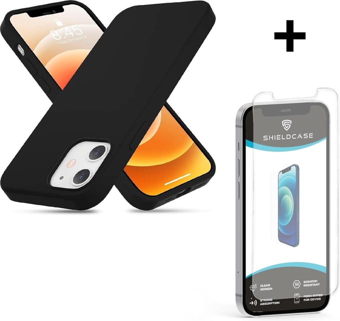 ShieldCase telefoonhoesje geschikt voor Apple iPhone 12 Mini silicone case - 5.4 inch - zwart + glazen Screen Protector