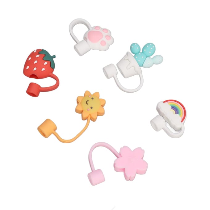 6 Pièces Bouchon de Paille Mignon Dessin Animé Réutilisable Toppers en Silicone Embouts à Boire Couvercles Bouchons Type B white