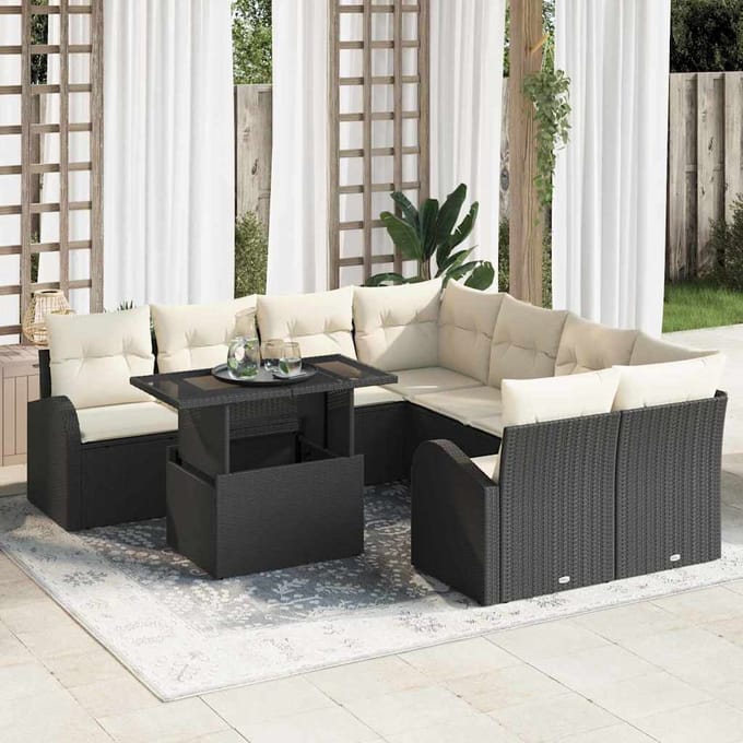 vidaXL - Tuinbank - Set - 9 - st - Zwart - [Synthetisch]: - Poly - Riet