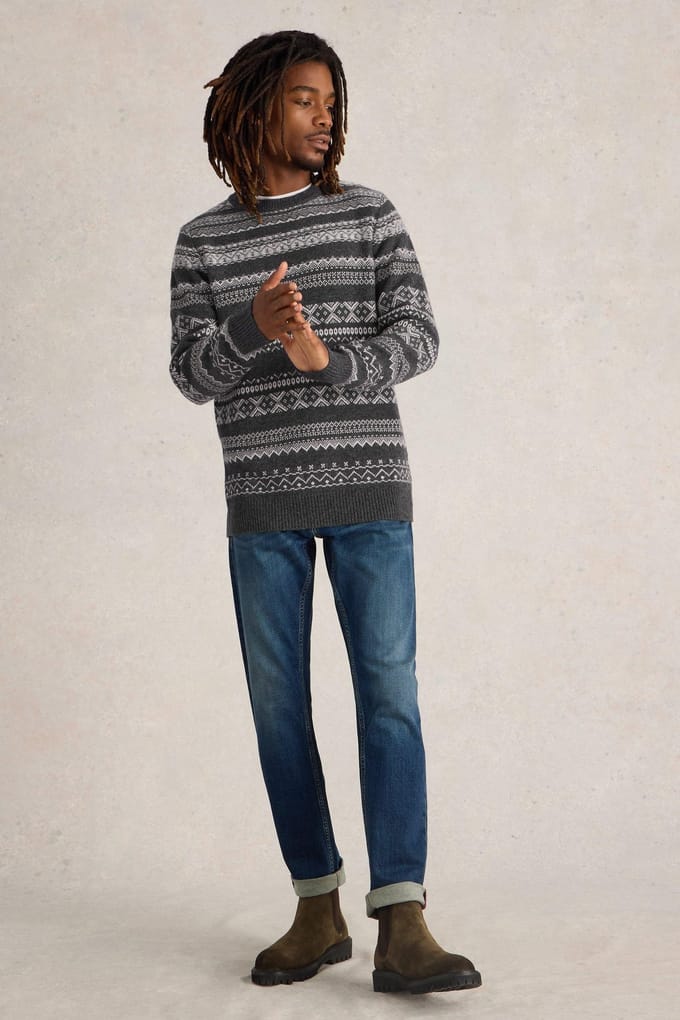 White Stuff Monochrome Fairisle Jumper Grey Multi Größe: L | Pullover Outlet | Herren | Grau