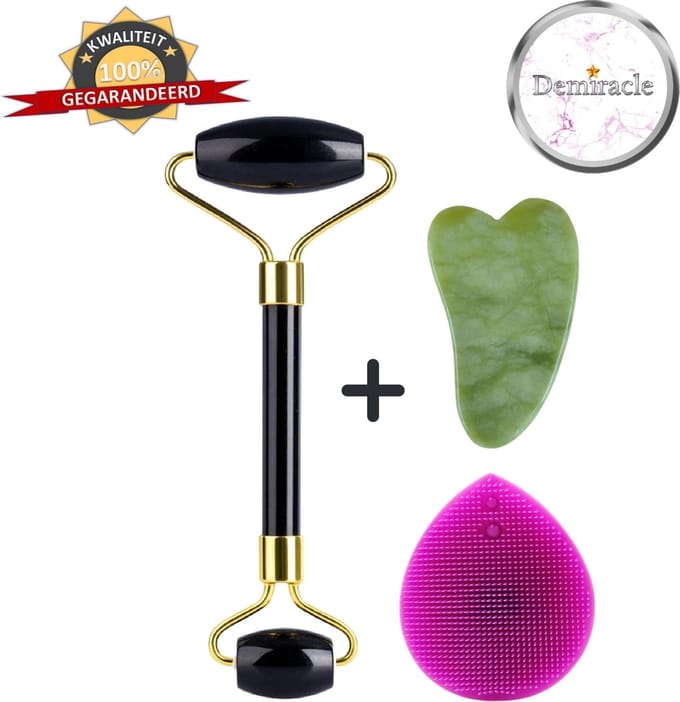 Demiracle Black Obsidian Face Roller met Gua Sha Schraper en Paarse Siliconen Gezichtsborstel - Gezichtsroller - Massage Roller - Jade Roller - Rimpelverwijdering - Ontspanning
