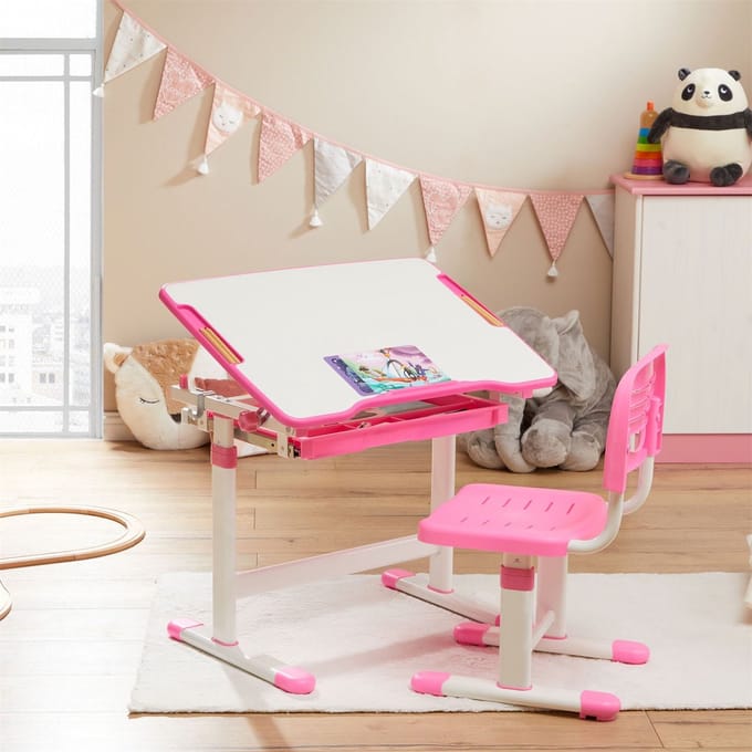 Kinderbureau met stoel TUTTO, kantelbaar en in hoogte verstelbaar – wit/roze