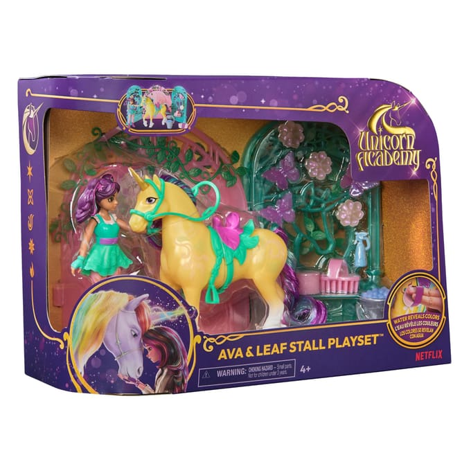 Unicorn Academy Ava & Leaf Stal Speelset - 11,4 cm Pop, 12,7 cm Eenhoorn, 15 Accessoires