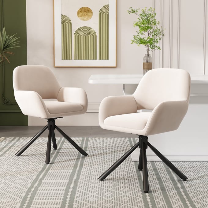 REDOM Eetkamerstoel - Draaibaar met Armleuningen - Modern - Fluweel - Beige - Set van 2