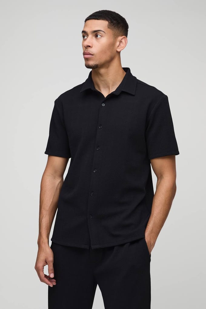 Short Sleeve Jersey Herringbone Shirt & Trouser Set | Black | Size Medium