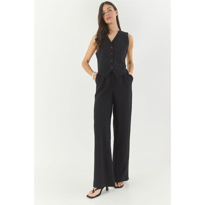 V-hals Vest en Wijde Pantalon Twee-delige Coord Set