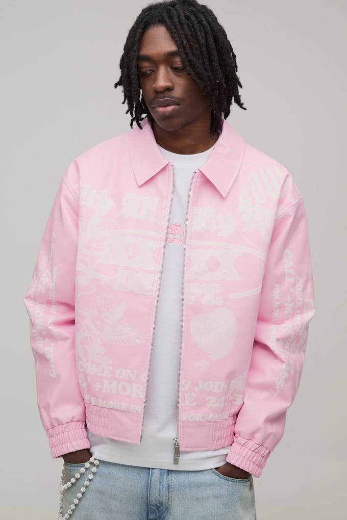Boxy Fit Pu Bedrukte Grafische Varsity Jas | Pink | Size Medium