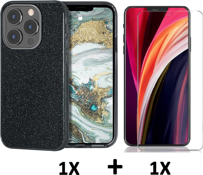 HB Hoesje Geschikt voor Apple iPhone 13 Pro Max - Zwart / Glazen Screenprotector - Glitter Back Cover