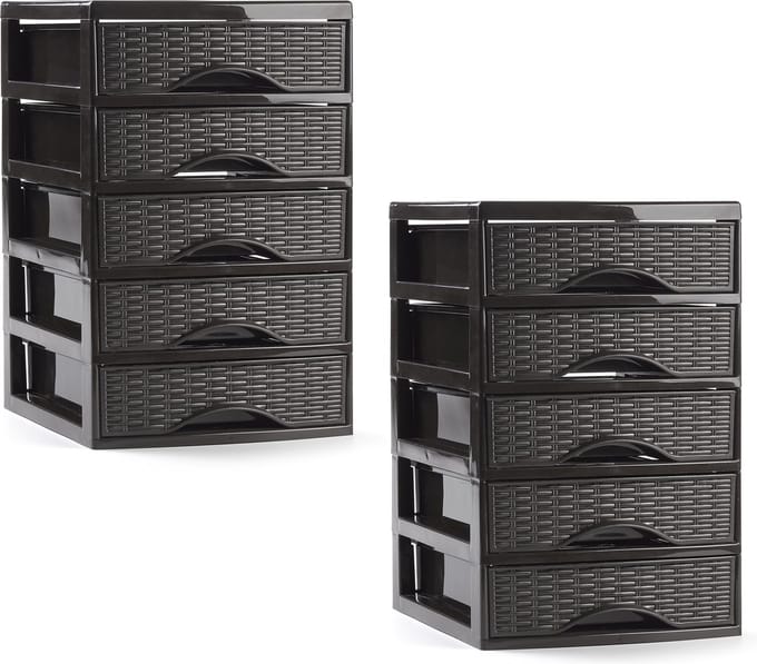 PlasticForte ladeblokje/bureau organizer - 2x - 5 lades - donkerbruin - L18 x B21 x H28 cm