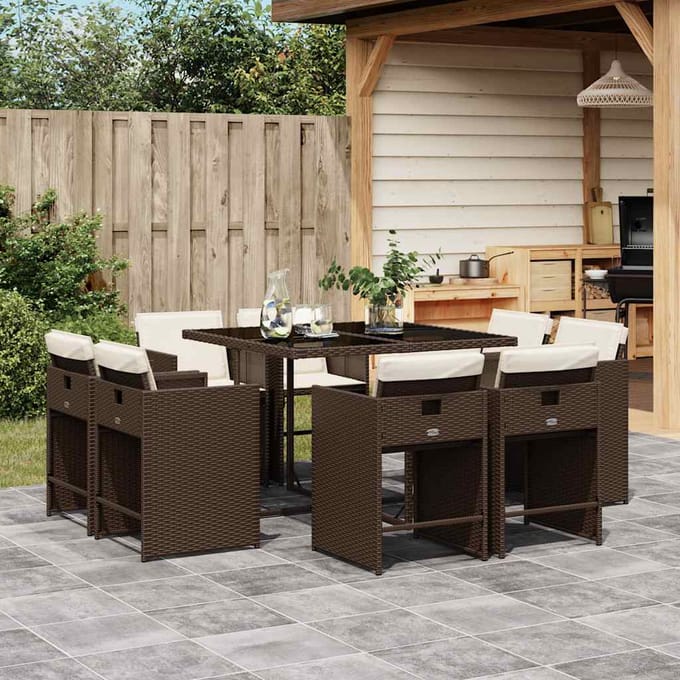 vidaXL - 9-delige - Tuinset - met - kussens - poly - rattan - bruin