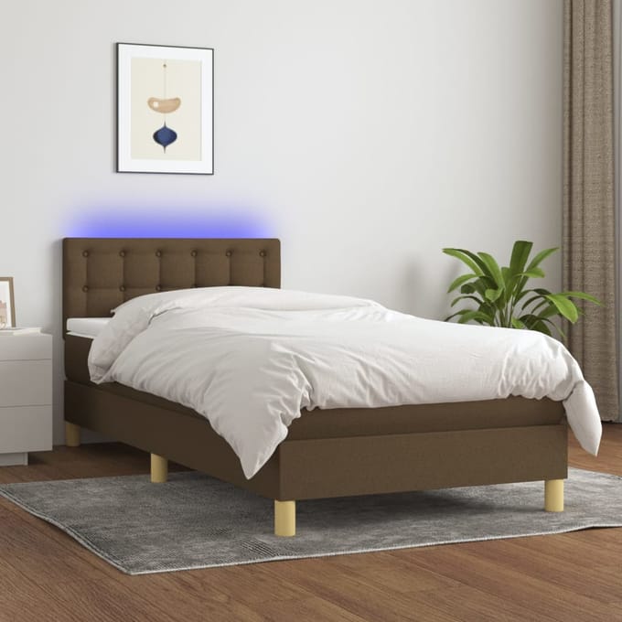 vidaXL - Boxspring - met - matras - en - LED - stof - donkerbruin - 90x190 - cm