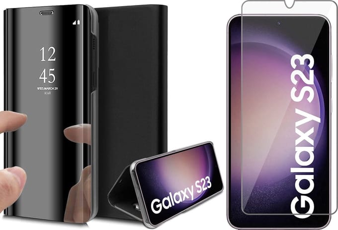 Hoesje geschikt voor Samsung Galaxy S23 - Screen Protector GlassGuard - Book Case Spiegel Zwart & Screenprotector