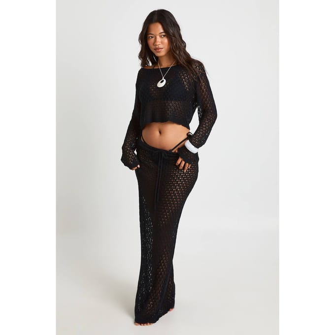 boohoo Dames Gehaakte Gebreide Strand Maxi Rok | Zwart | Maat: Medium