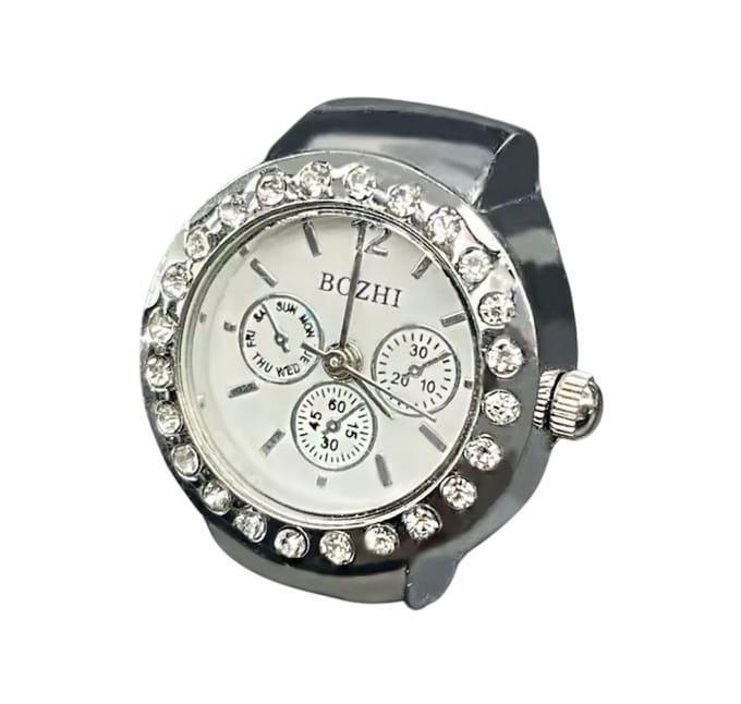 Vingerhorloge - Vinger Ring Horloge - Finger Watch - Zilver Wit Diamonds