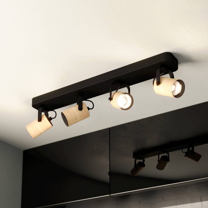 EGLO Cayuca plafondspot, zwart/houten decor, 4-lamps