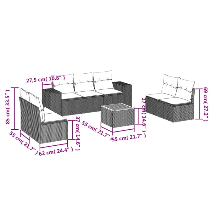 vidaXL - 8-delige - Loungeset - met - kussens - poly - rattan - grijs