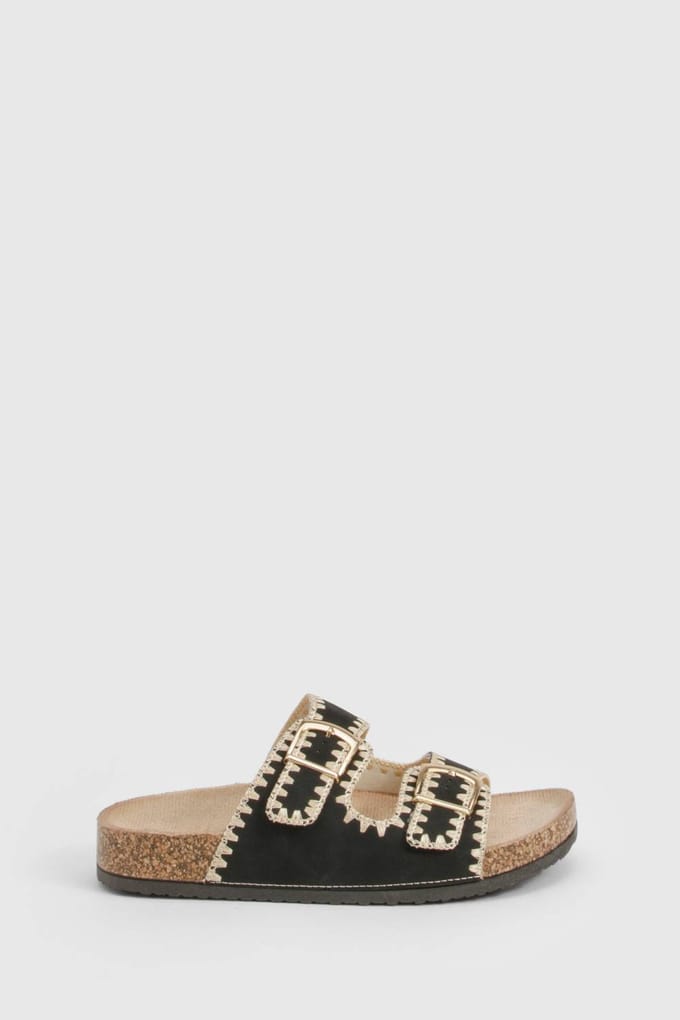 boohoo Dames Contrasterende stikseldetail dubbele gesp slides | Zwart | Maat: 36