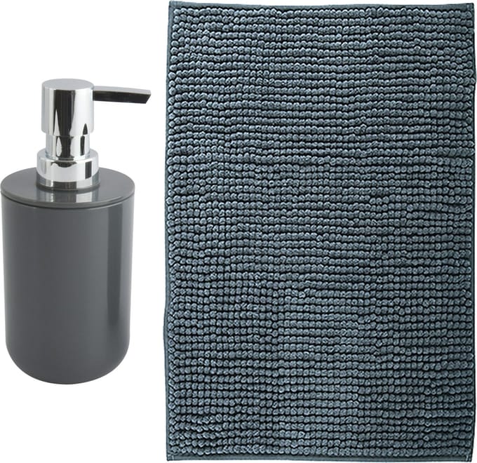 MSV badkamer droogloop mat - Genua - 50 x 80 cm - met bijpassende kleur zeeppompje - donkergrijs