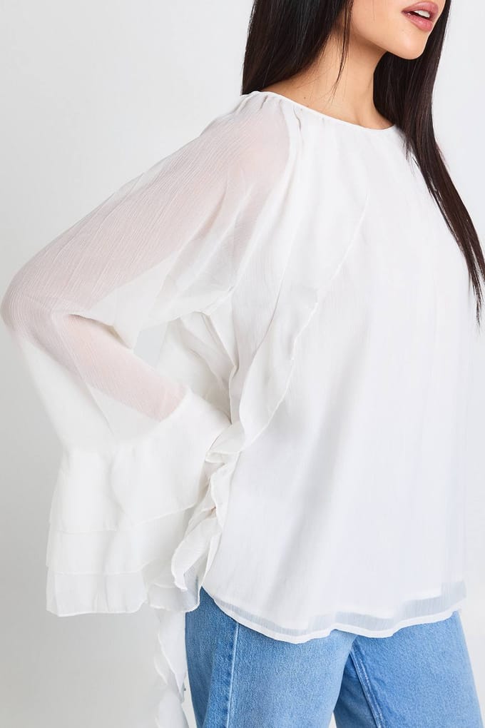 boohoo Dames Chiffon blouse met ruches en knoopsluiting aan de achterkant | Cream | Maat: 6