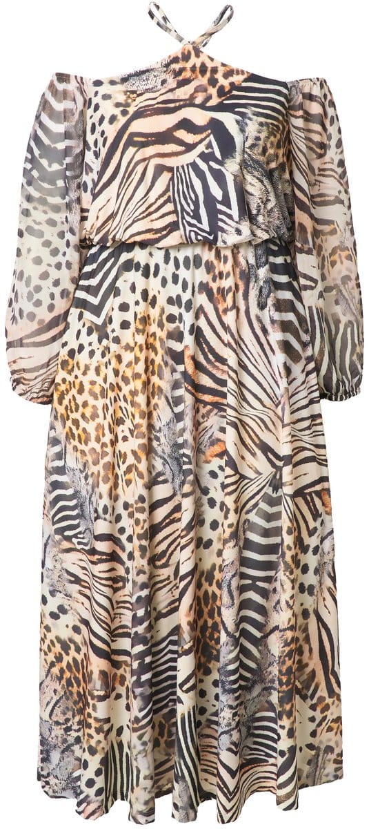 Ulla Popken - Dames - Offshoulder maxi-jurk chiffon dierenpatchprint - Donker kiezel - Maat 44