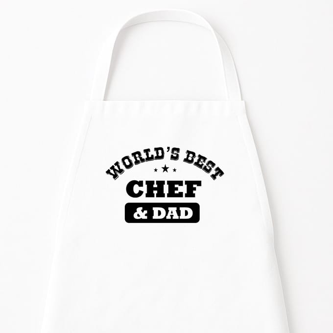Go Mama - Keukenschort “World’s best Chef & Dad” – Grappig kookschort – One Size – Verstelbaar – Wit – Vaderdag cadeau – Cadeau voor papa