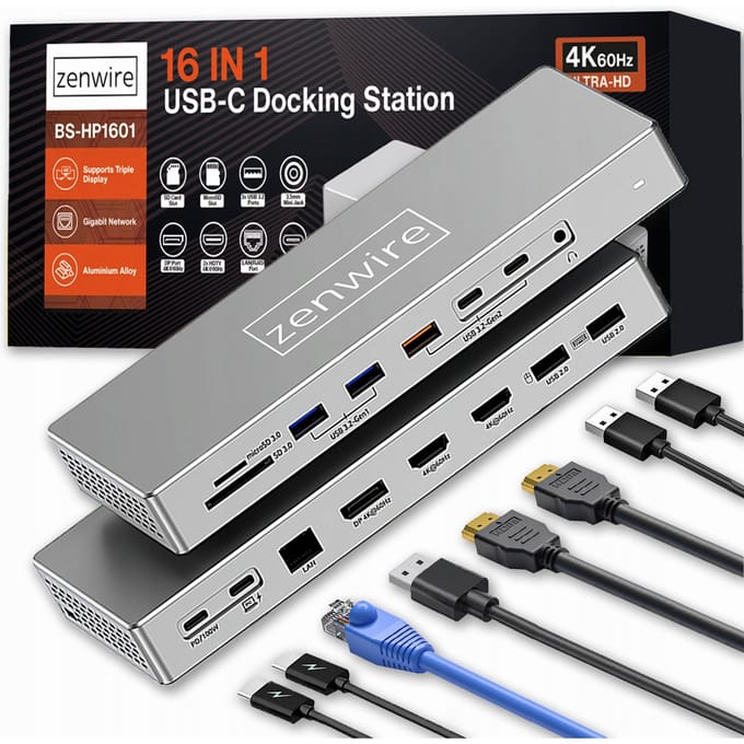 Zenwire Docking Station BS-HD1601 Hub USB-C 16W 2x HDMI 4K 60Hz Display Port 1.4 USB-aansluiting SD-kaart Computeraccessoires