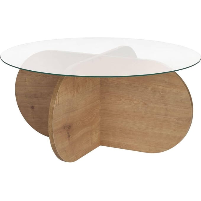 Ronde salontafel Aris eiken look melamine en transparant glas 75 cm
