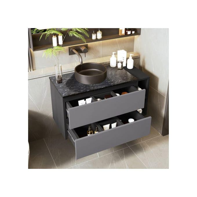 Meuble sous-vasque suspendu - MUVOE - Design moderne - 80 cm - Vasque céramique noire - Tiroirs gris