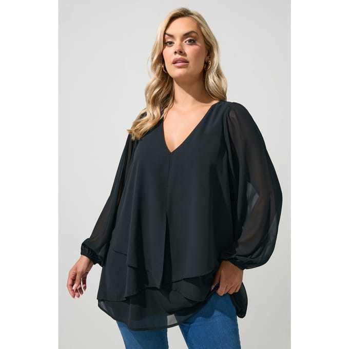 Yours London Zwarte Gelaagde Blouse Met Vhals Size 48