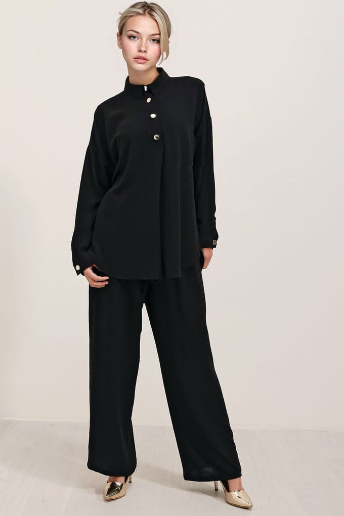 Gestructureerde Lange Mouwen Overhemd en Brede Pantalon Set