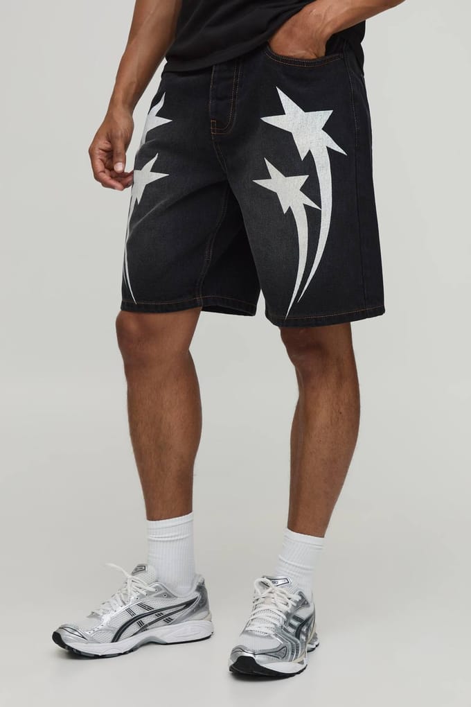 Relaxed Star Contrast Stitch Denim Shorts | Black | Size 52