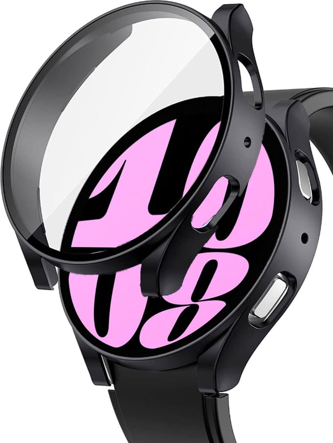 Hoesje + Screenprotector Samsung Galaxy Watch 6 40mm – Gehard Glas Cover + Shock Proof Case – Zwart