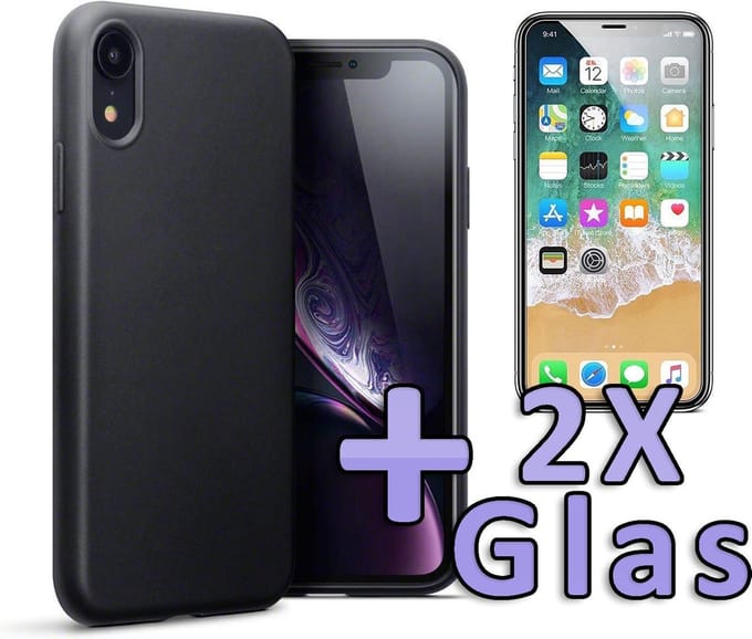 HB Hoesje Geschikt voor Apple iPhone XR - Siliconen Back Cover / 2X Glazen Screenprotector - Zwart