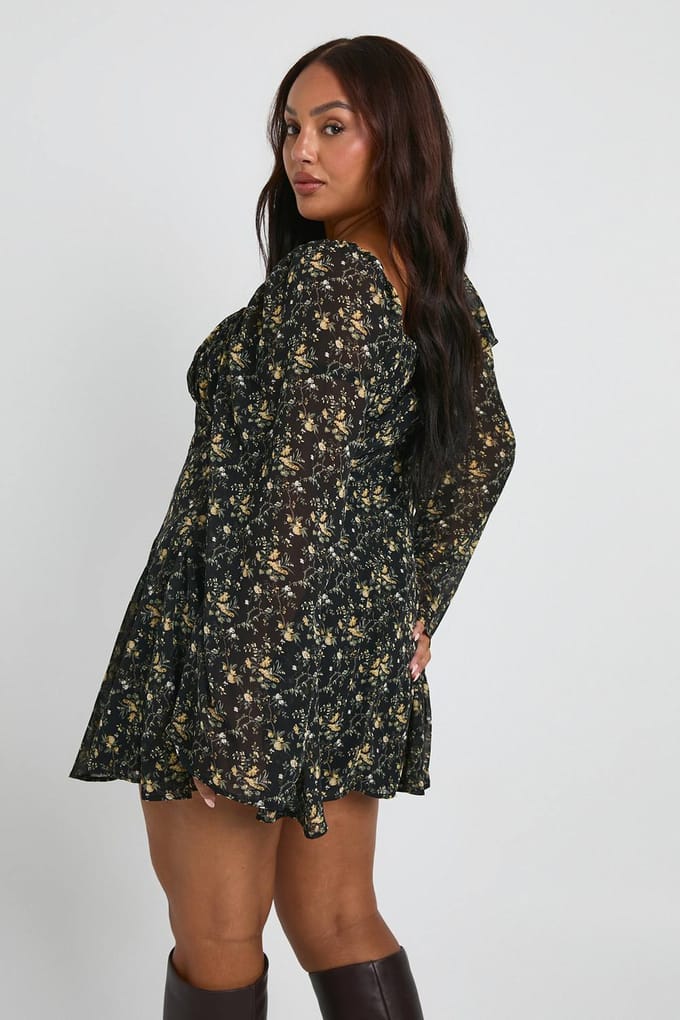 boohoo Dames Plus Floral Chiffon Godet Skater | Zwart | Maat: 52