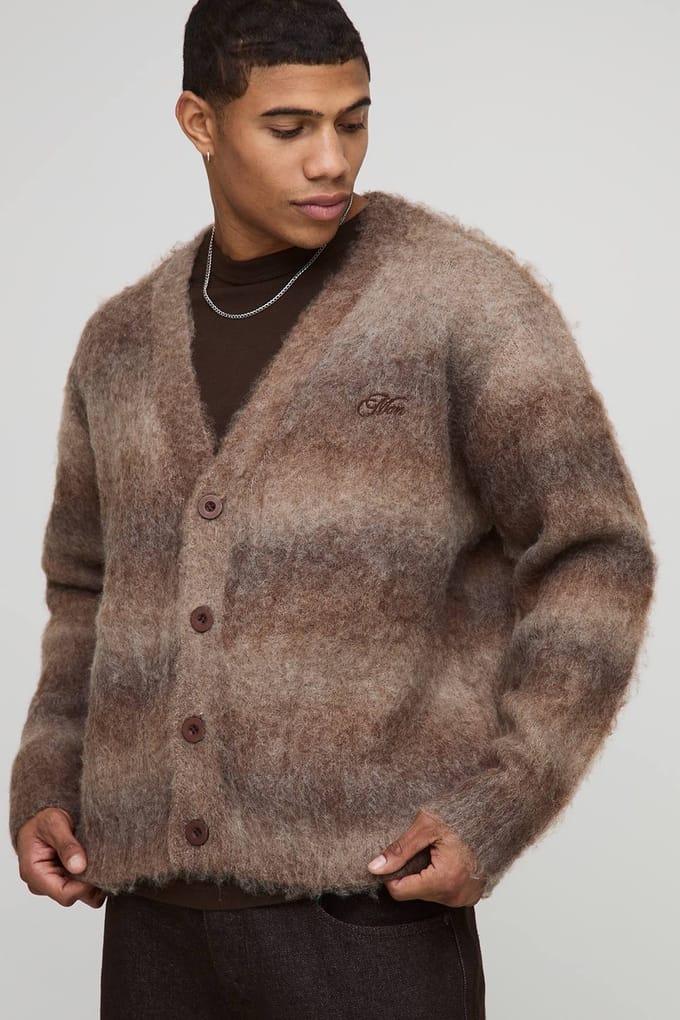 Heren Boxy Fit Ombre Geborstelde Streep Gebreide Cardigan | Brown | Size Medium