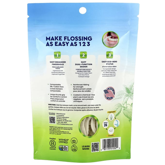 Ecoclean Cure-dents avec fil™, Menthe poivrée mentholée, Cure-dents biodégradables, 50 white