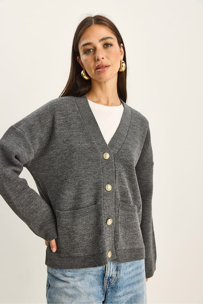 Dikke Geribbelde V-hals Longcardigan met Knopenluiting