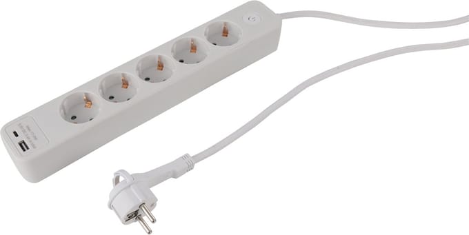 Q-Link stekkerdoos - 5-voudig - randaarde - met platte stekker - USB A/C - 3 x 1.5 mmÂ² - 1.5 m - wit