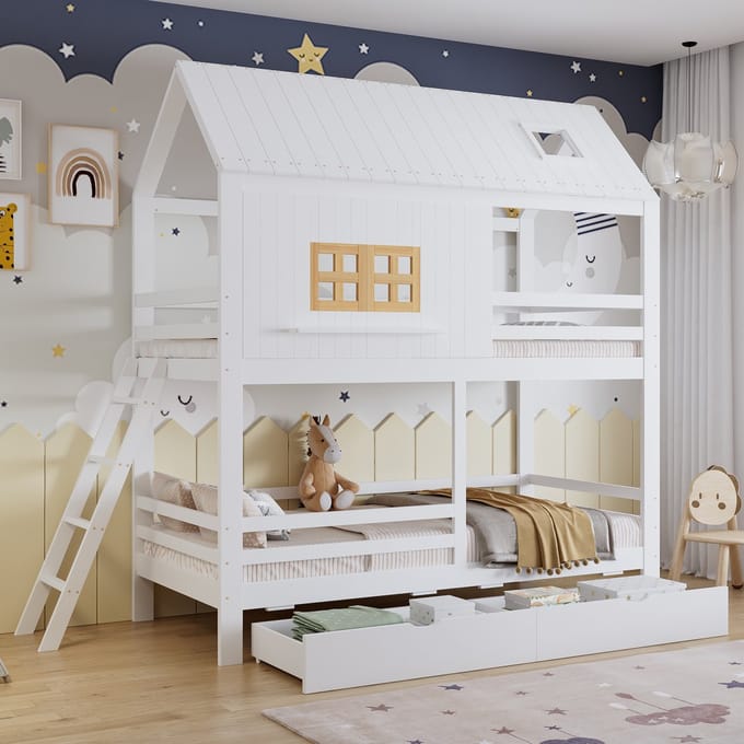 Sweiko Stapelbed - 90x200 cm - Huisontwerp - 2 lades - Kinderbed - Grenenhout + MDF - Wit