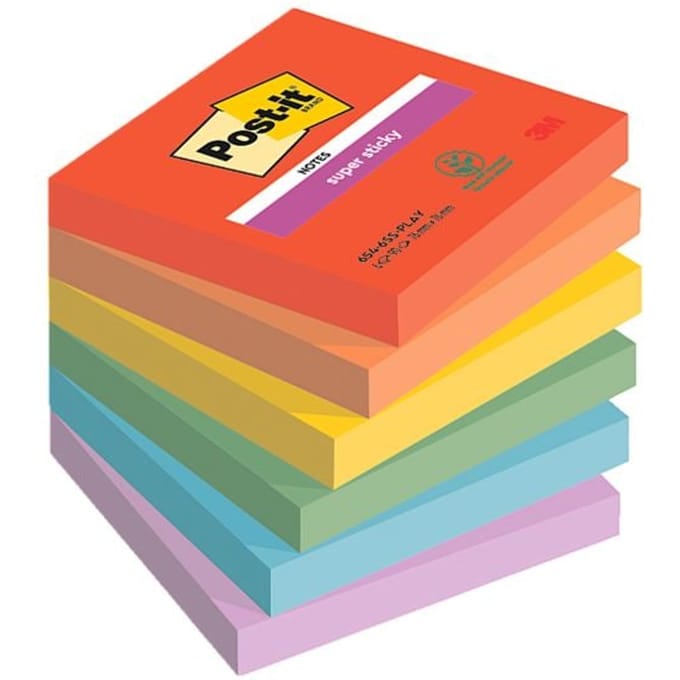 Post-it Super Sticky Notes Playful | 90 vel | ft 76 x 76 mm | geassorteerde kleuren | pak van 6 blokken