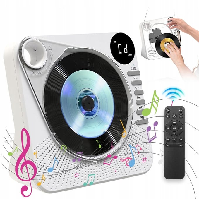 CD Speler - Bluetooth Speaker - Witte Multifunctionele Audiospeler - Met USB, AUX & Remote - Slaaptimer & Batterij - Voor Muziek in Huis
