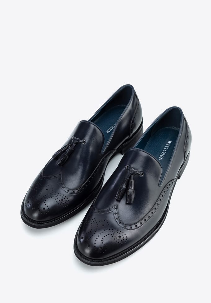 Wittchen Heren Leren Mocassins met Perforaties Marineblauw, Natuurlijk Leer