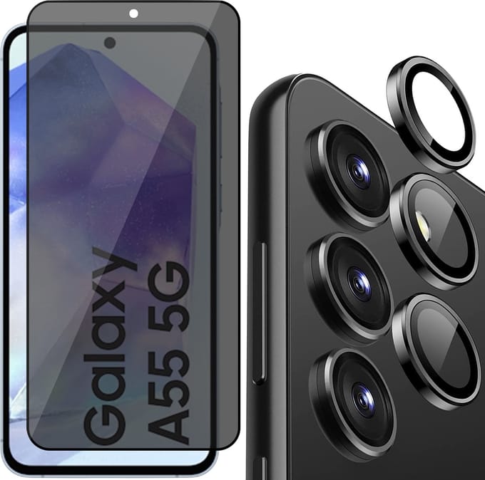 Privacy Screenprotector & Camera Protector geschikt voor Samsung Galaxy A55 - Volledig Dekkend Glas